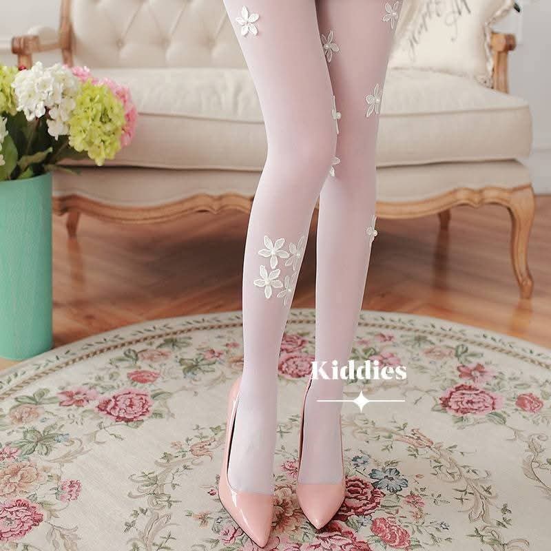 Luxury 3D Floral Pantyhose- Milky White